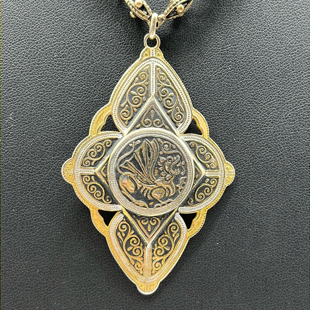 Damascene Style 2.5 in. Dragon pendant abs 20” chain. Vintage marked Spain - Picture 2 of 9